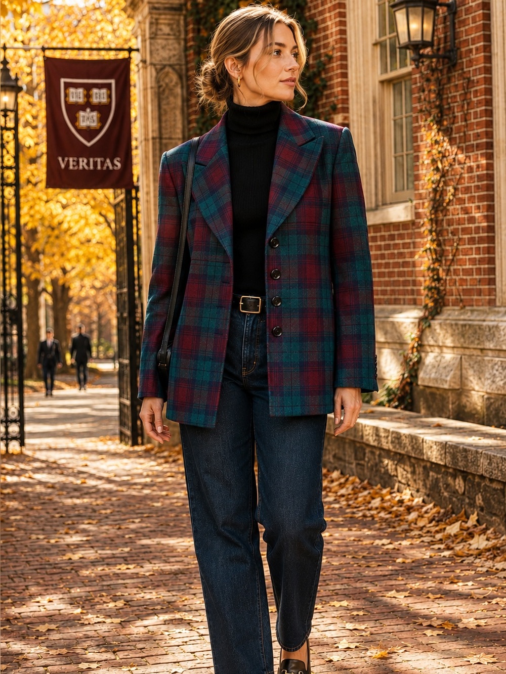 VINTAGE HALSTON Purple and Teal Plaid Wool Four Button Old Money Blazer, 16